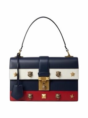 GUCCI Americana Red, Cream & Blue Cat Lock Tri-Color Leather Shoulder Bag